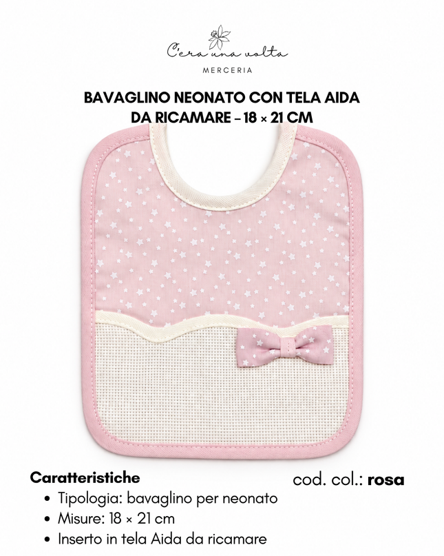 Bavaglino neonato stelline e fiocco con tela Aida da ricamare – 18 × 21 cm
