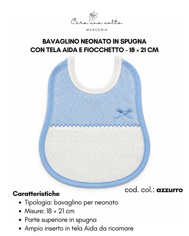 Bavaglino neonato in spugna con tela Aida e fiocchetto – 18 × 21 cm