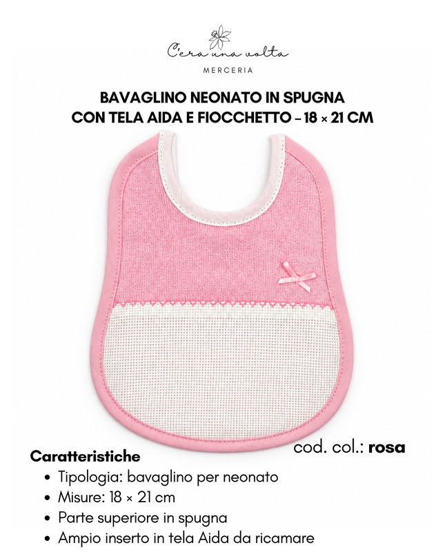 Bavaglino neonato in spugna con tela Aida e fiocchetto – 18 × 21 cm