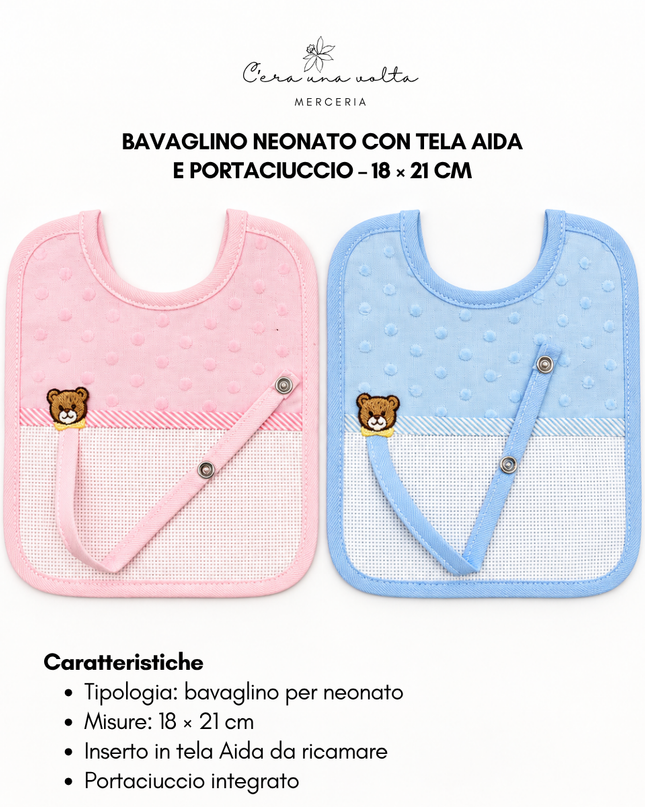 Bavaglino neonato con tela Aida e portaciuccio
