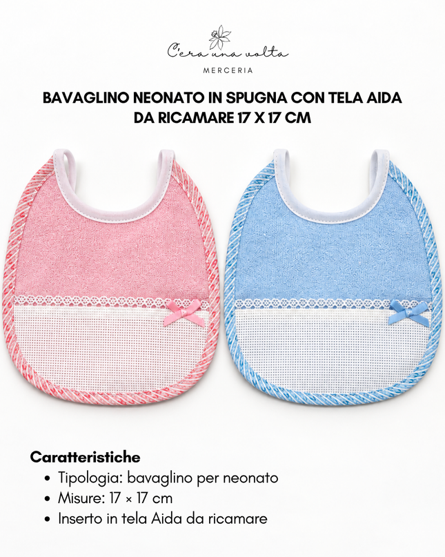 Bavaglino neonato in spugna con tela Aida da ricamare 17 x 17 cm