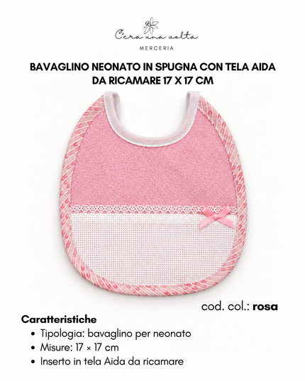 Bavaglino neonato in spugna con tela Aida da ricamare 17 x 17 cm
