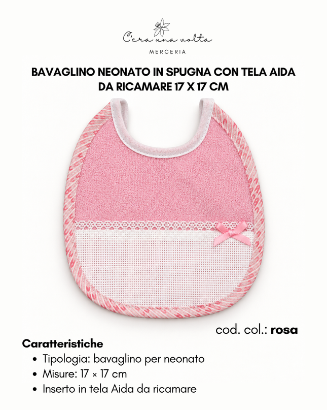 Bavaglino neonato in spugna con tela Aida da ricamare 17 x 17 cm