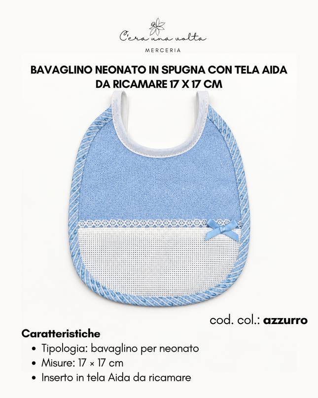 Bavaglino neonato in spugna con tela Aida da ricamare 17 x 17 cm